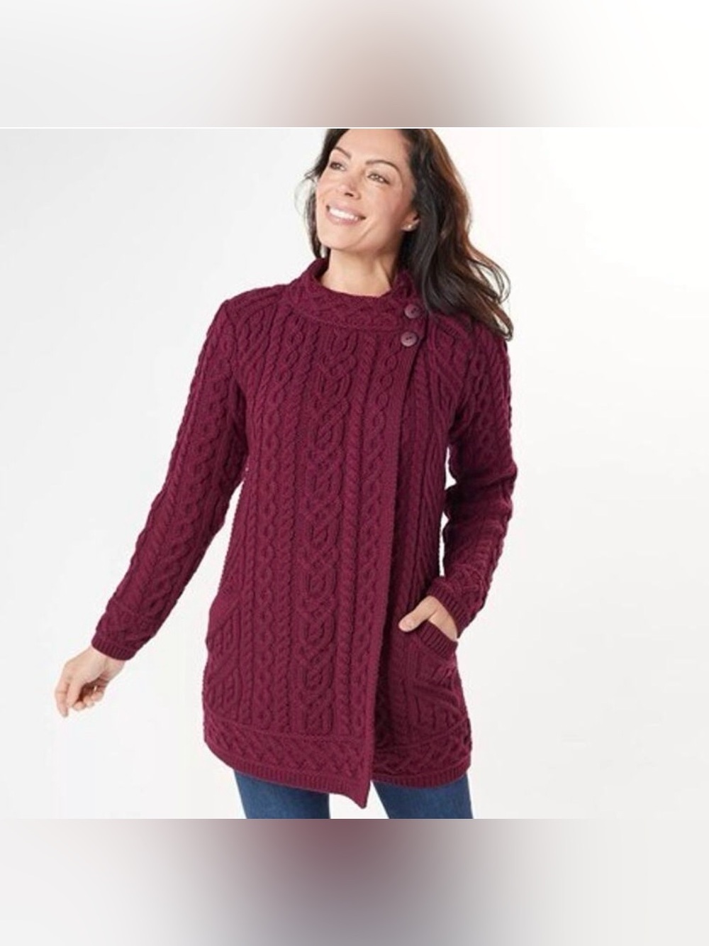 NEW ARAN CRAFTS BURGUNDY MERINO WOOL BUTTON CLOSURE CARDIGAN SWEATER COAT SZ L